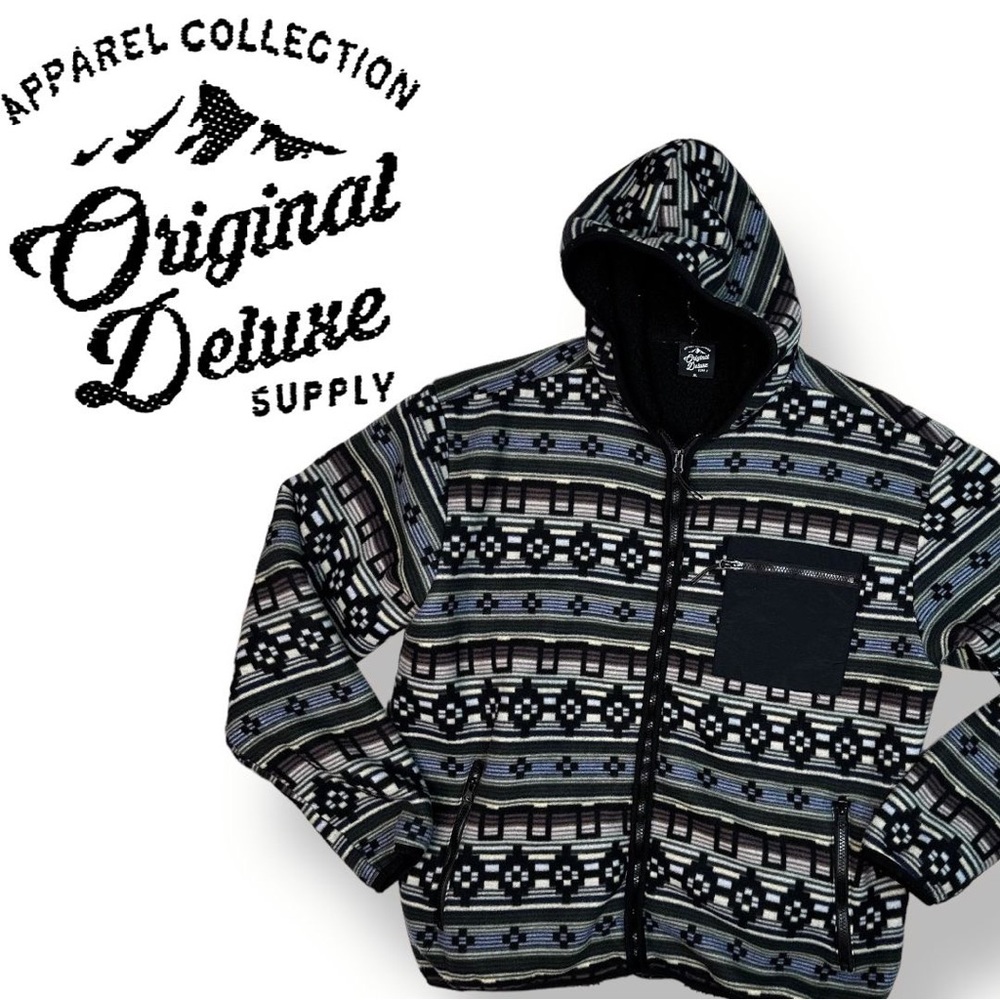 Original Deluxe Supply Men’s Sherpa Lined Geometric striped Hoodie Jacket XL